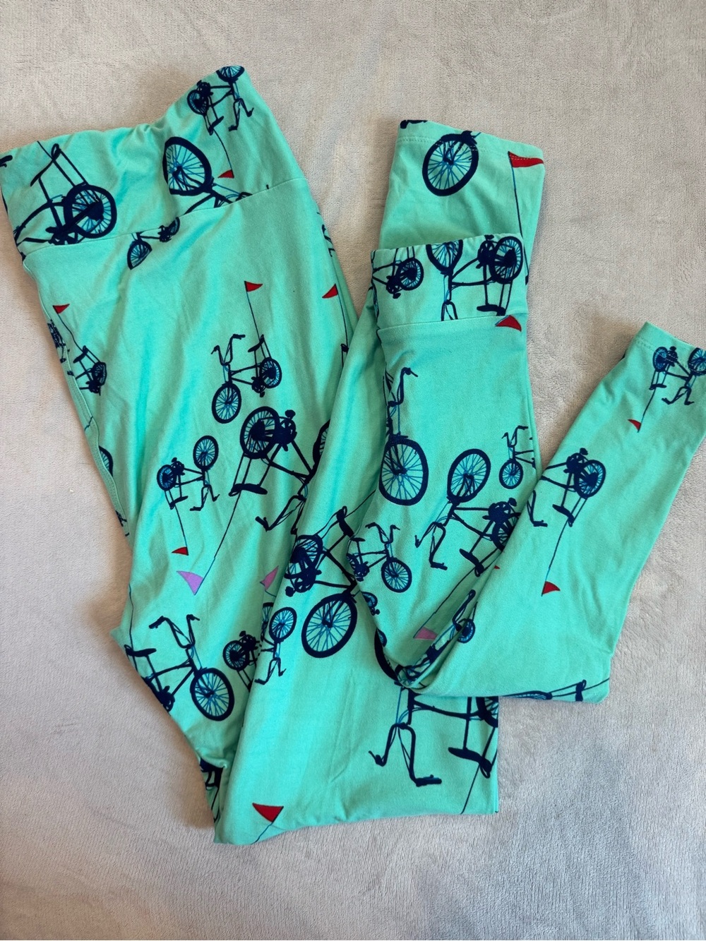 LuLaRoe Mommy and Me Set Bicycle Print Leggings -Mint with Navy Bikes TC and S/M